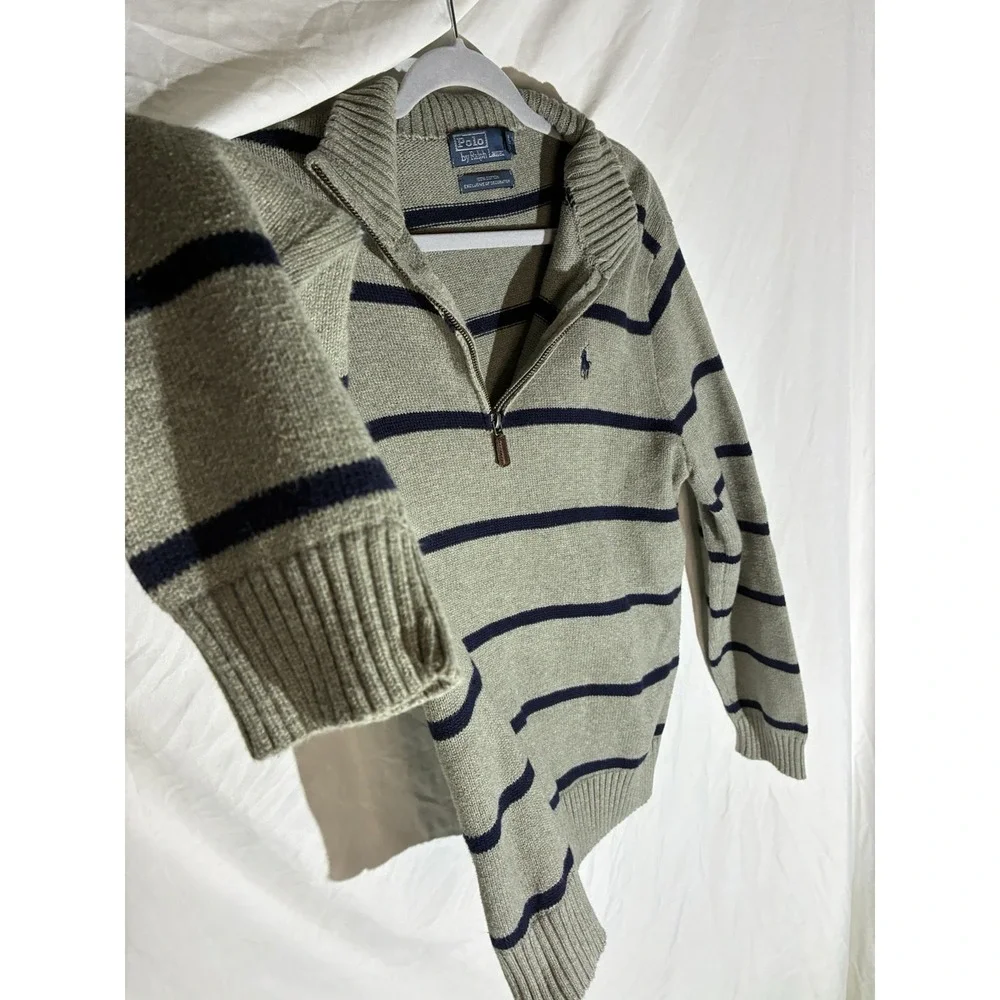 Polo Ralph Lauren Mens Gray Quarter Zip Pullover Pony Logo Striped L